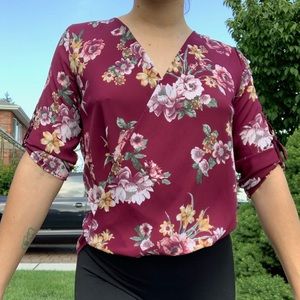 Red Floral Silky Blouse - Size S